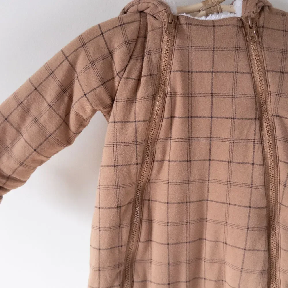 Baby Gap Plaid Hooded Sherpa Fleece Lined Pram Suit Winter Warm Brown Baby 6-12m